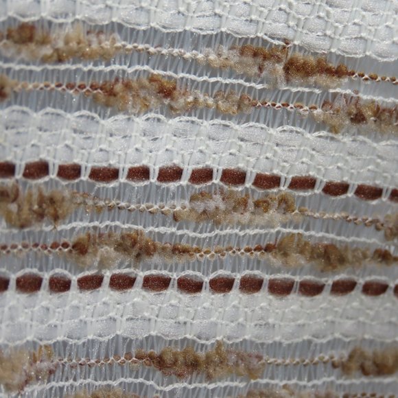Long retro loose weave net curtains -white w/ brown/taupe/ecru textured banding - Picture 15 of 16